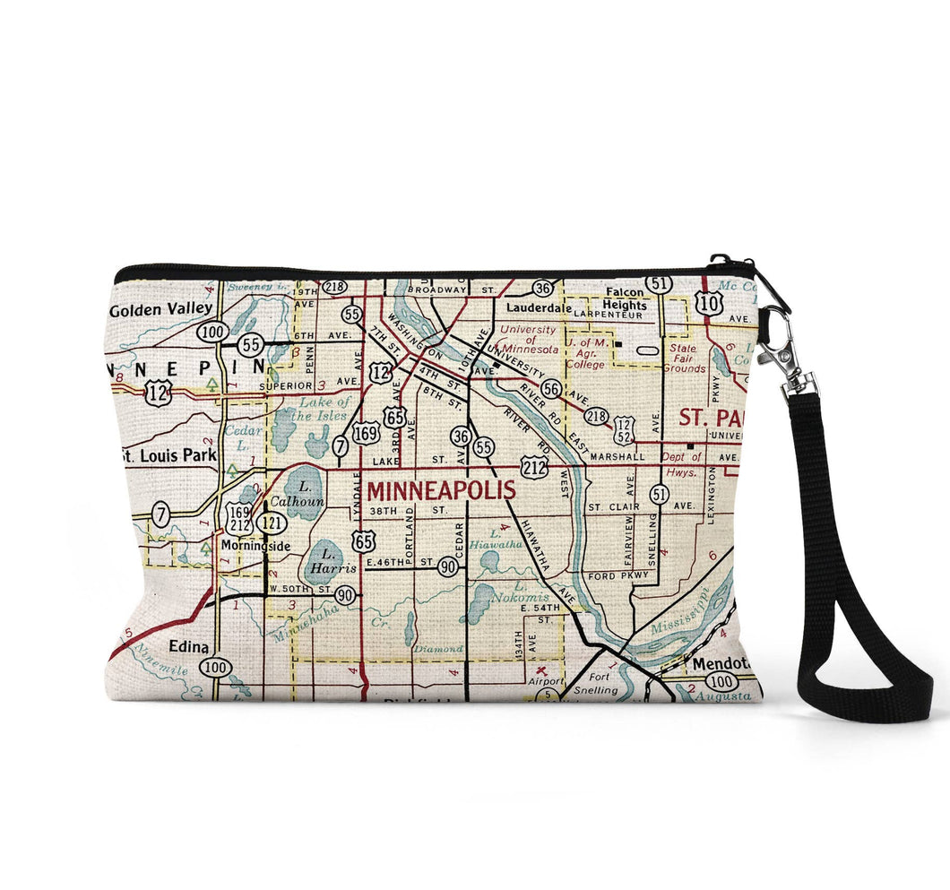 Minneapolis Minnesota Map Wristlet Zipper Pouch Makeup Bag