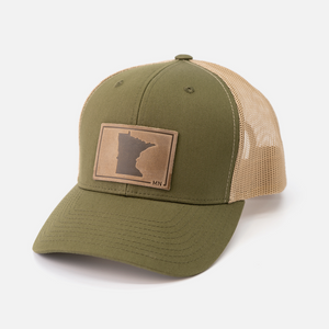 Minnesota Silhouette Hat | Leather Patch Trucker Hat: Heather Gray/White