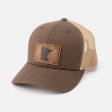 Minnesota Silhouette Hat | Leather Patch Trucker Hat: Heather Gray/White