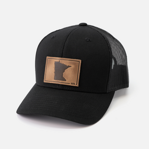 Minnesota Silhouette Hat | Leather Patch Trucker Hat: Heather Gray/White