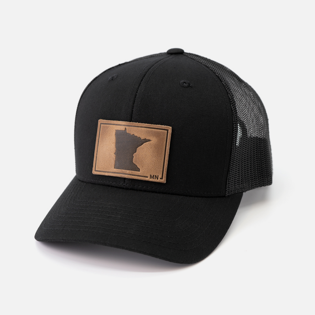 Minnesota Silhouette Hat | Leather Patch Trucker Hat: Black