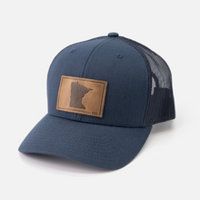 Minnesota Silhouette Hat | Leather Patch Trucker Hat: Heather Gray/White