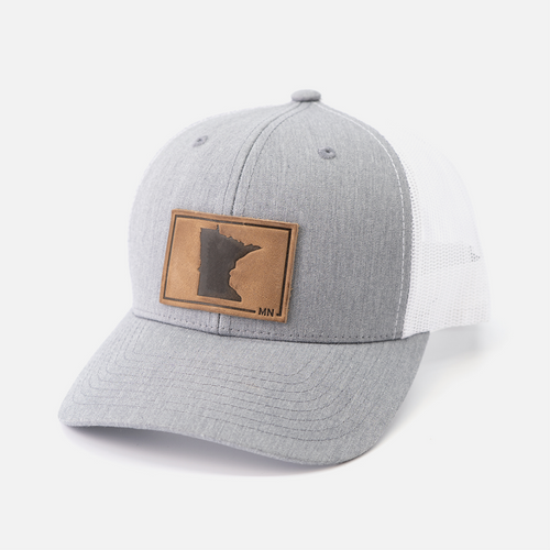 Minnesota Silhouette Hat | Leather Patch Trucker Hat: Heather Gray/White